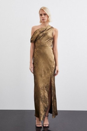 KAREN MILLEN Premium Metallic Ruched One Shoulder Woven Maxi Dress in Gold ~ women’s asymmetric occasion dresses ~ party glamour - flipped