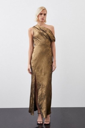KAREN MILLEN Premium Metallic Ruched One Shoulder Woven Maxi Dress in Gold ~ women’s asymmetric occasion dresses ~ party glamour