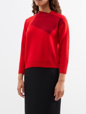 THE ROW Enid red contrast-panel merino wool jumper ~ luxe tonal jumpers ~ cropped sleeve sweater ~ asymmetric neckline sweaters - flipped