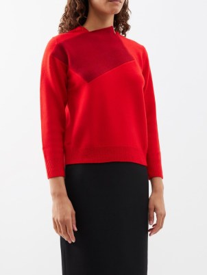 THE ROW Enid red contrast-panel merino wool jumper ~ luxe tonal jumpers ~ cropped sleeve sweater ~ asymmetric neckline sweaters