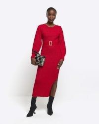 RIVER ISLAND Red Knitted Belted Jumper Midi Dress ~ slit hem sweater dresses