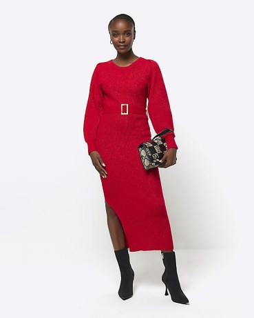 RIVER ISLAND Red Knitted Belted Jumper Midi Dress ~ slit hem sweater dresses - flipped