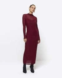 RIVER ISLAND Red Mesh Bodycon Maxi Dress ~ long sleeve semi sheer column dresses
