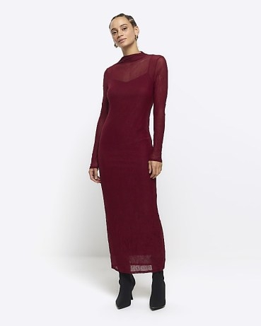 RIVER ISLAND Red Mesh Bodycon Maxi Dress ~ long sleeve semi sheer column dresses - flipped