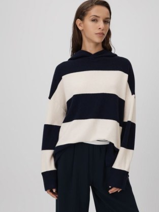 REISS ALLY WOOL BLEND STRIPED HOODIE NAVY/IVORY ~ women’s knitted pullover hoodies ~ womens hooded jumpers - flipped