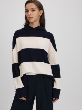 REISS ALLY WOOL BLEND STRIPED HOODIE NAVY/IVORY ~ women’s knitted pullover hoodies ~ womens hooded jumpers
