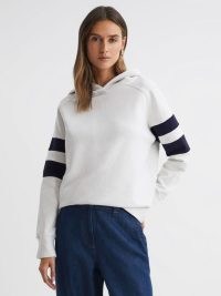 REISS DEE COTTON BLEND STRIPED HOODIE in NEUTRAL/NAVY ~ women’s hooded sportwear inspired tops ~ womens chic hoodies