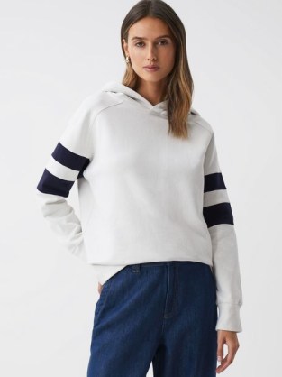 REISS DEE COTTON BLEND STRIPED HOODIE in NEUTRAL/NAVY ~ women’s hooded sportwear inspired tops ~ womens chic hoodies - flipped