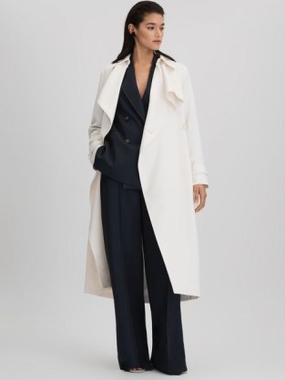 REISS ETTA DOUBLE BREASTED BELTED TRENCH COAT in WHITE – women’s luxe longline coats – womens chic outerwear – luxury clothing