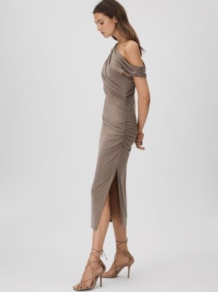 REISS FERN BODYCON RUCHED MIDI DRESS in MOCHA – form fitting off the shoulder dresses – chic asymmetric evening occasion fashion - flipped