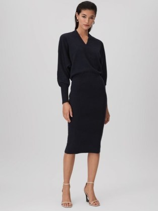 REISS SALLY WOOL BLEND MIDI DRESS in NAVY – dark blue bodycon fit knitted dresses – women’s chic understated clothing - flipped