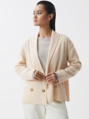 REISS WOOL-CASHMERE DOUBLE BREASTED CARDIGAN CREAM ~ women’s luxe cardigans - flipped