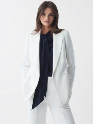 REISS SIENNA RELAXED DOUBLE BREASTED CREPE SUIT BLAZER WHITE ~ chic blazers ~ women’s lightly padded shoulder jacket - flipped