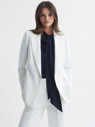 REISS SIENNA RELAXED DOUBLE BREASTED CREPE SUIT BLAZER WHITE ~ chic blazers ~ women’s lightly padded shoulder jacket