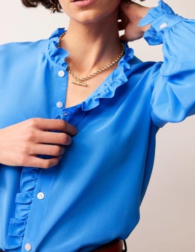 Boden Ruffle Neck Silk Blouse in Surf the Web – silky blue ruffled blouses - flipped