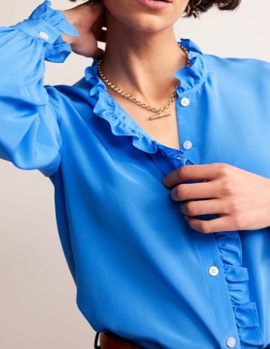 Boden Ruffle Neck Silk Blouse in Surf the Web – silky blue ruffled blouses