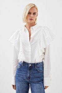 KAREN MILLEN Ruffle Panelled Cotton Poplin Woven Shirt in White / women’s feminine ruffled shirts