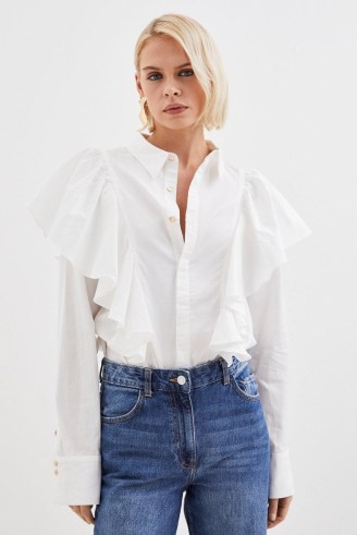 KAREN MILLEN Ruffle Panelled Cotton Poplin Woven Shirt in White / women’s feminine ruffled shirts - flipped