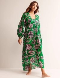 Boden Sarah Maxi Kaftan Dress Green, Rose Blush / floral balloon sleeve holiday dresses / semi sheer lightweight cotton clothing / beach fashion / floaty beachwear