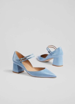 L.K. BENNETT Savannah Blue Patent Mary Janes – double strap block heel shoes - flipped