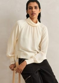 me and em Silk High Neck Raglan Sleeve Top in Cream / chic fluid fabric tops / sophisticated silky blouse / minimalist blouses