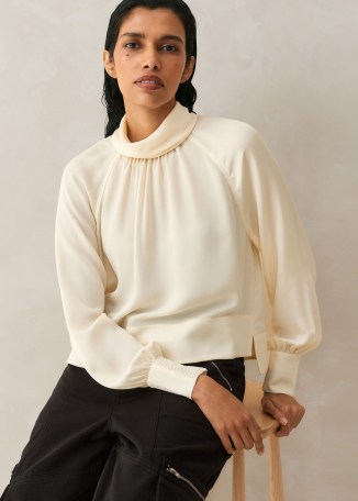 me and em Silk High Neck Raglan Sleeve Top in Cream / chic fluid fabric tops / sophisticated silky blouse / minimalist blouses - flipped
