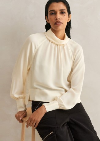 me and em Silk High Neck Raglan Sleeve Top in Cream / chic fluid fabric tops / sophisticated silky blouse / minimalist blouses