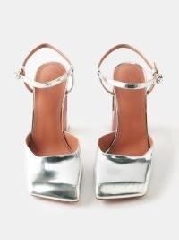 AMINA MUADDI Charlotte 95 silver metallic-leather pumps / slanted square toe shoes / women’s high shine party footwear