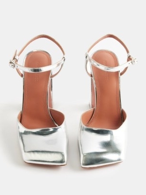 AMINA MUADDI Charlotte 95 silver metallic-leather pumps / slanted square toe shoes / women’s high shine party footwear - flipped