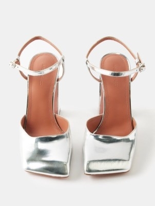 AMINA MUADDI Charlotte 95 silver metallic-leather pumps / slanted square toe shoes / women’s high shine party footwear