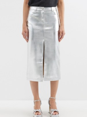 STAUD Oaklyn metallic silver faux-leather midi skirt – women’s shiny luxe style fake leather skirts - flipped