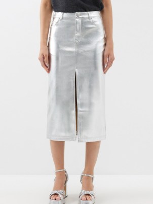 STAUD Oaklyn metallic silver faux-leather midi skirt – women’s shiny luxe style fake leather skirts