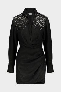 AMOTEA Sofia Embellished Mini Dress in Black / wrap style LBD / long sleeve collared occasion dresses / women’s luxury clothing at shop-olivia