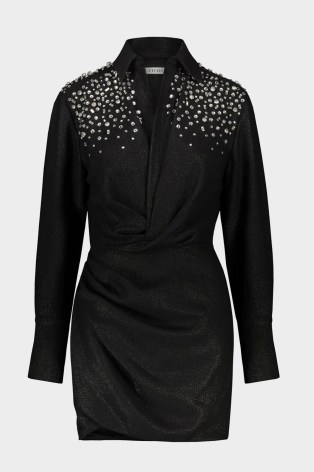 AMOTEA Sofia Embellished Mini Dress in Black / wrap style LBD / long sleeve collared occasion dresses / women’s luxury clothing at shop-olivia - flipped