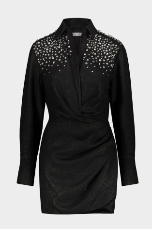 AMOTEA Sofia Embellished Mini Dress in Black / wrap style LBD / long sleeve collared occasion dresses / women’s luxury clothing at shop-olivia