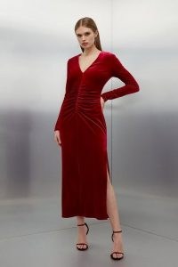 KAREN MILLEN Stretch Velvet Jersey Maxi Dress in Red – long sleeve V-neck evening dresses – ruched occasion fashion