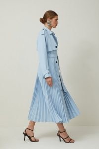 KAREN MILLEN Tailored Pleat Detail Belted Trench Coat in Pale Blue – chic pleated longline coats