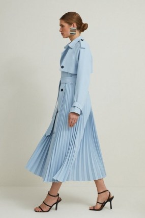 KAREN MILLEN Tailored Pleat Detail Belted Trench Coat in Pale Blue – chic pleated longline coats - flipped
