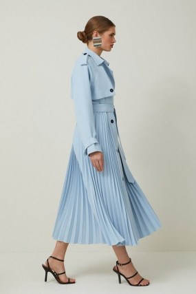 KAREN MILLEN Tailored Pleat Detail Belted Trench Coat in Pale Blue – chic pleated longline coats