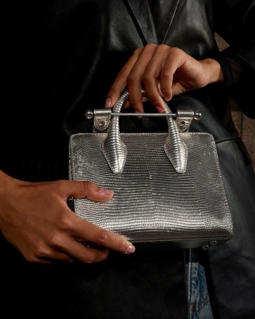 THE STRATHBERRY NANO TOTE in Lizard Embossed Silver Leather / small luxe metallic handbag / mini handbags / luxury animal effect bag - flipped