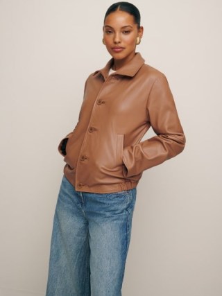 Reformation Veda Allen Leather Jacket in Hazelnut ~ women’s brown luxe jackets - flipped