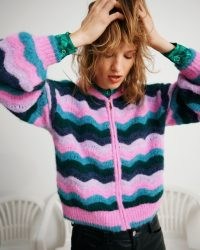 OLIVER BONAS Wavy Stripe Knitted Bomber Jacket in Pink | women’s zip up cardigan