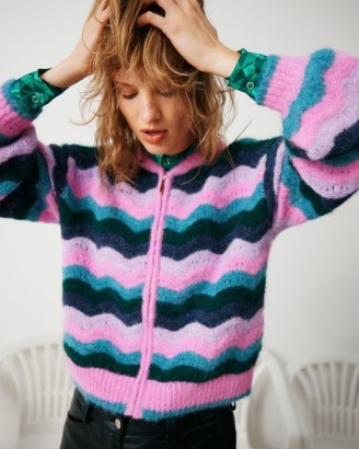 OLIVER BONAS Wavy Stripe Knitted Bomber Jacket in Pink | women’s zip up cardigan - flipped