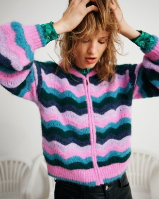 OLIVER BONAS Wavy Stripe Knitted Bomber Jacket in Pink | women’s zip up ...
