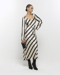 RIVER ISLAND White Satin Stripe Belted Slip Midi Dress ~ silky striped evening dresses ~ monochrome going out fashion
