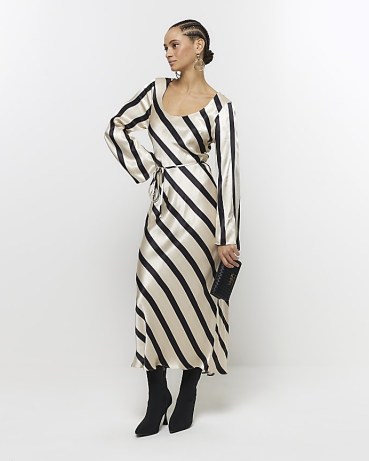 RIVER ISLAND White Satin Stripe Belted Slip Midi Dress ~ silky striped evening dresses ~ monochrome going out fashion - flipped
