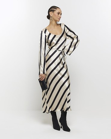 RIVER ISLAND White Satin Stripe Belted Slip Midi Dress ~ silky striped evening dresses ~ monochrome going out fashion