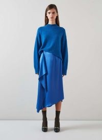 L.K. BENNETT Zoe Blue Satin Waterfall Front Skirt ~ silky asymmetric drape detail slip skirts