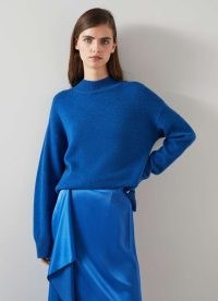 L.K. BENNETT Zoe Blue Sustainably Sourced Merino Blend Jumper – women’s relaxed fit high neck sweater – womens side slit turtleneck jumpers