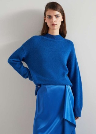 L.K. BENNETT Zoe Blue Sustainably Sourced Merino Blend Jumper – women’s relaxed fit high neck sweater – womens side slit turtleneck jumpers - flipped